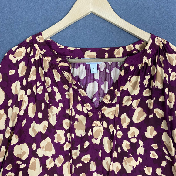 Nine West Top Women's XL Purple Beige Abstract Boat Neck Balloon Sleeve Blouse - Picture 2 of 16